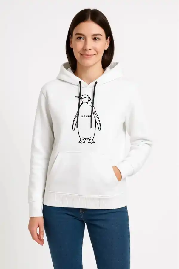 Kadın 3 İplik Pamuklu Kapüşonlu Hoodie Sweatshirt Nihilist Penguen Baskılı - Beyaz