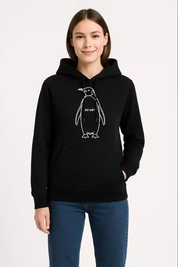 Kadın 3 İplik Pamuklu Kapüşonlu Hoodie Sweatshirt Nihilist Penguen Baskılı - Siyah