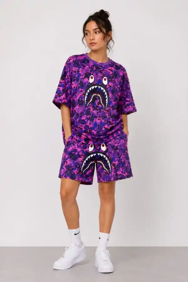 Kadın Oversize Kalıp Pubg Bape X Shark Nakışlı Cepli Şort Takım - Mor