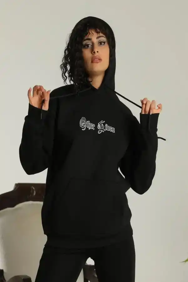 Kadın Oversize Kapüşonlu Cepli Baskılı 3 İplik Pamuklu Hoodie Sweatshirt -  Siyah