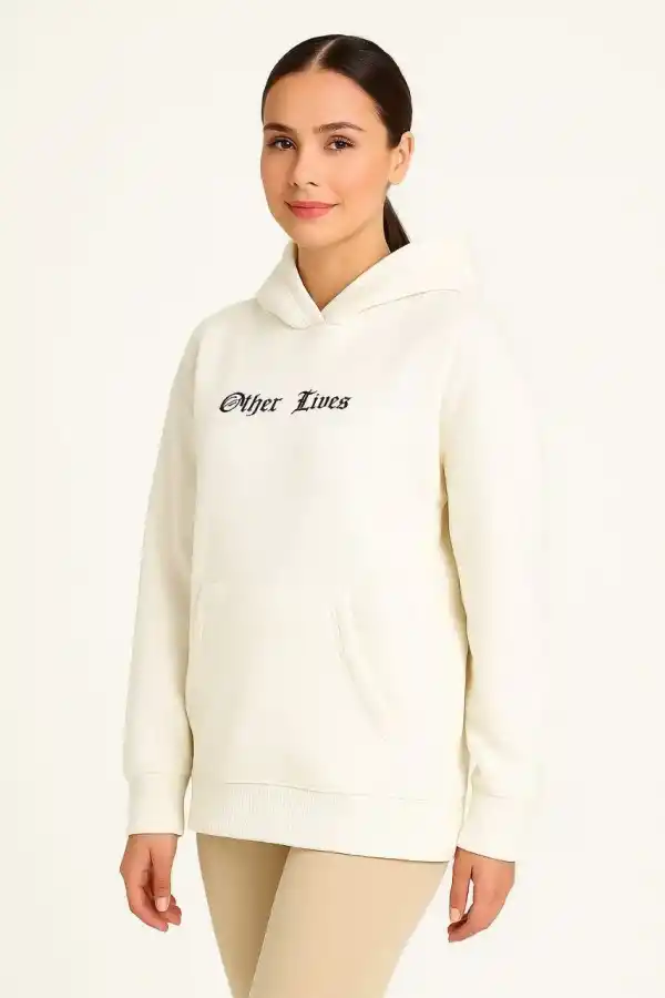 Kadın Kapüşonlu Kanguru Cepli Sweatshirt 3 İplik Pamuklu Baskılı Hoodie - Beyaz