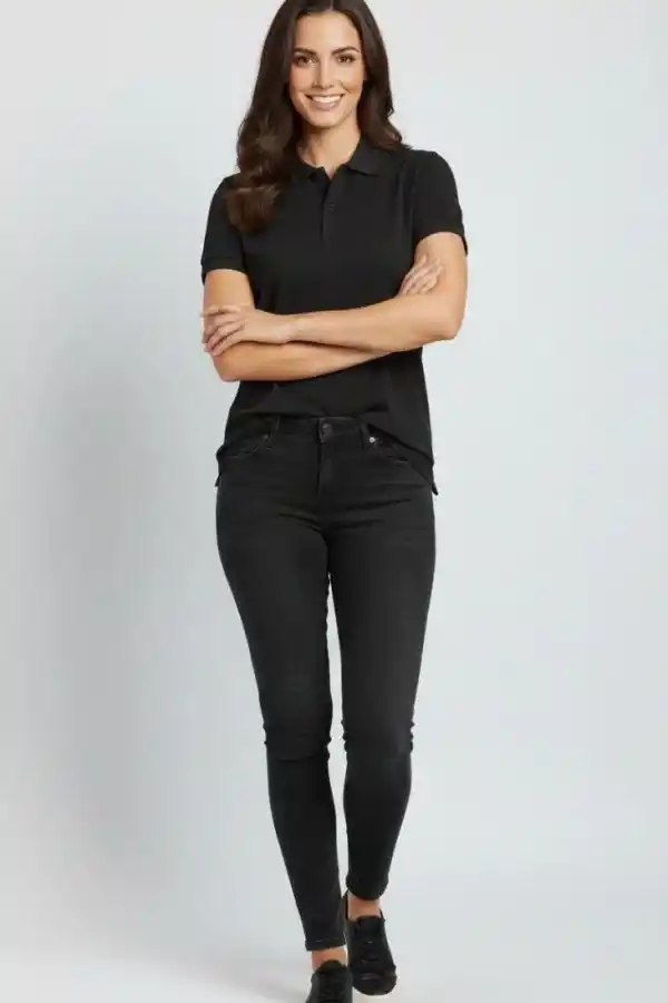 Kadın Polo Yaka Tişört Pike Kumaş Kısa Kol Regular Fit Yazlık T-Shirt - Siyah