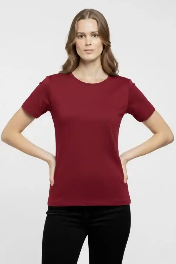 Kadın T-Shirt Bisiklet Yaka Slim Fit Likralı Tişört Yazlık Basic Body - Bordo