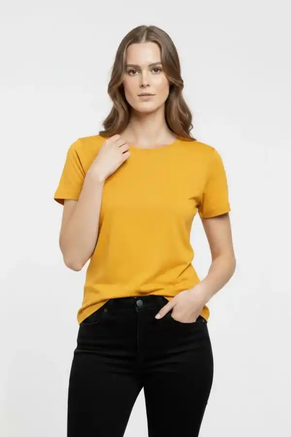 Kadın T-Shirt Bisiklet Yaka Slim Fit Likralı Tişört Yazlık Basic Body - Sarı