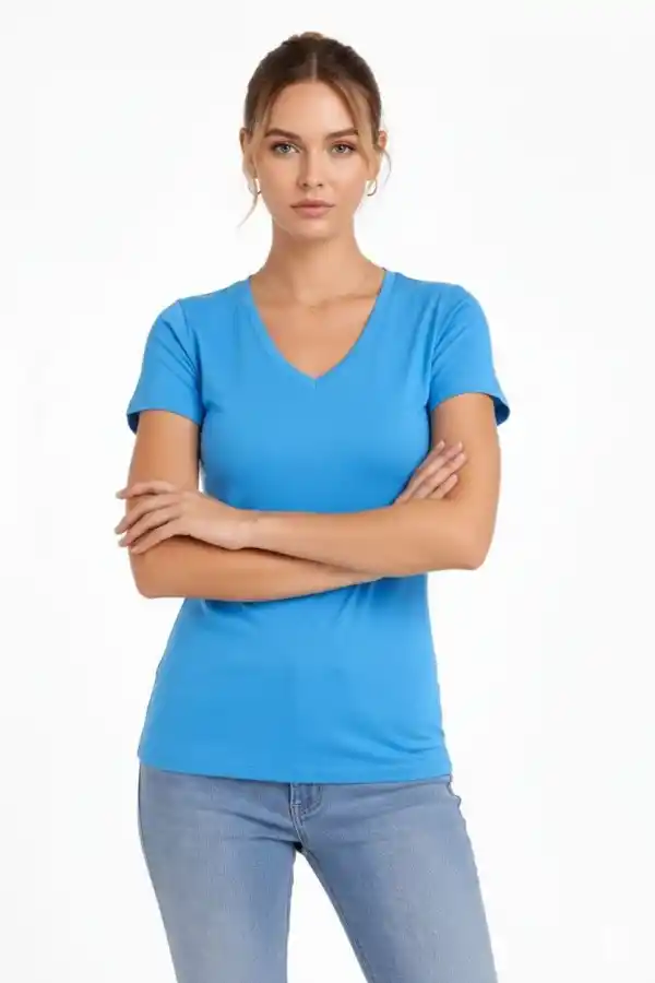 Kadın T-Shirt V Yaka Slim Fit Likralı Tişört Yazlık Basic Body - Açık Mavi