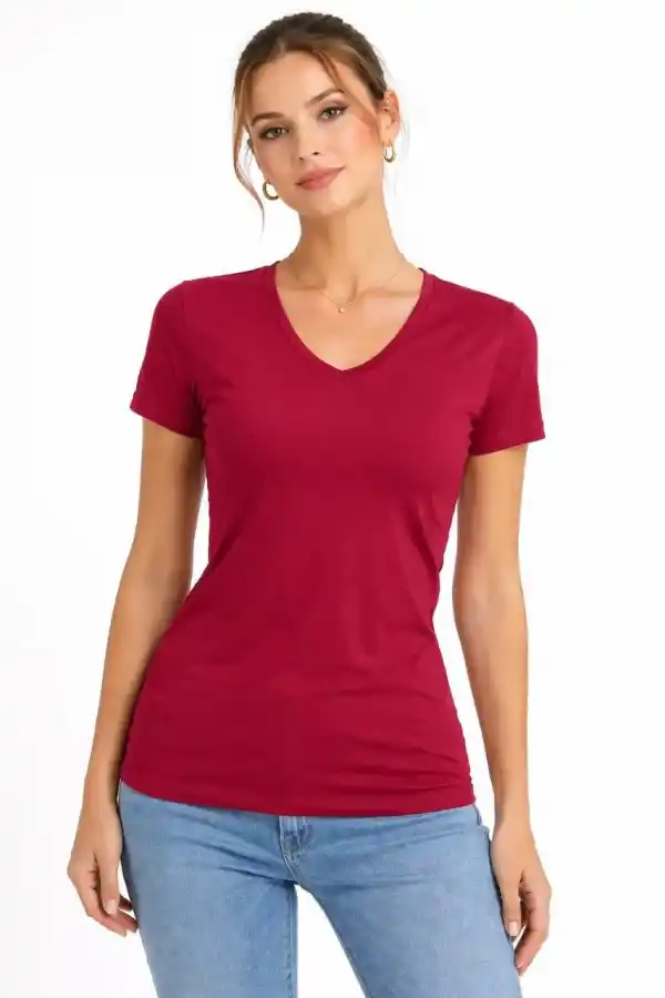 Kadın T-Shirt V Yaka Slim Fit Likralı Tişört Yazlık Basic Body - Kırmızı