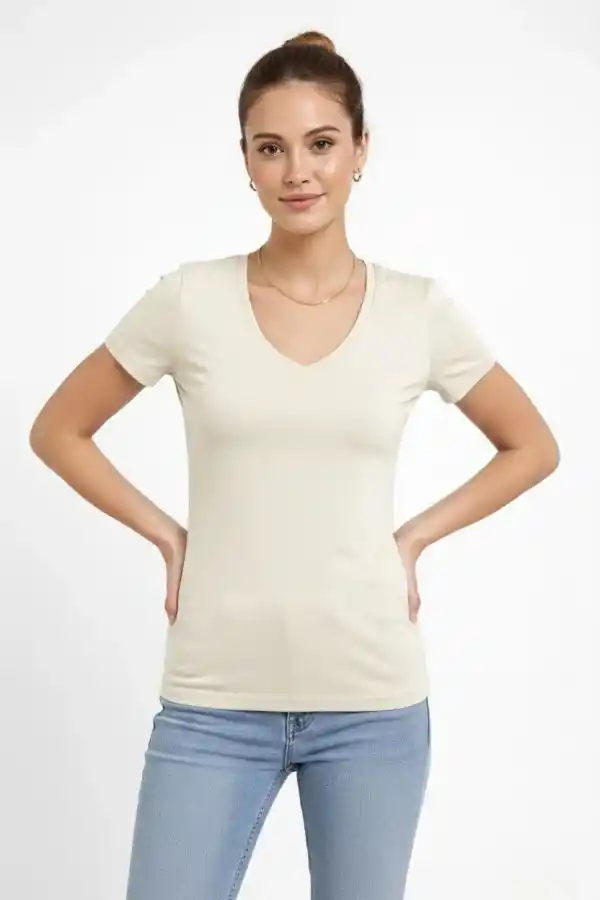 Kadın T-Shirt V Yaka Slim Fit Likralı Tişört Yazlık Basic Body - Taş