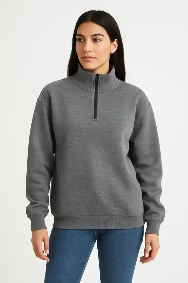 Kadın 3 İplik Pamuklu Dık Yaka Yarım Fermuarlı SweatShirt - Antrasit