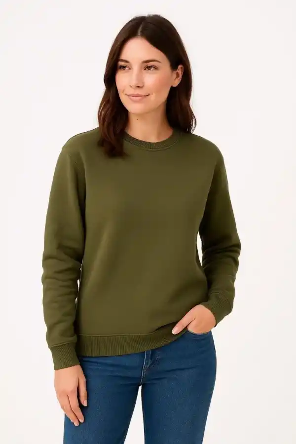 Kadın 3 İplik Pamuklu Düz Bisiklet Yaka SweatShirt - Haki