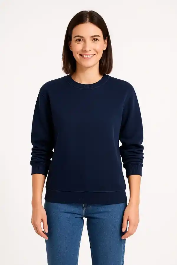 Kadın 3 İplik Pamuklu Düz Bisiklet Yaka SweatShirt - Lacivert