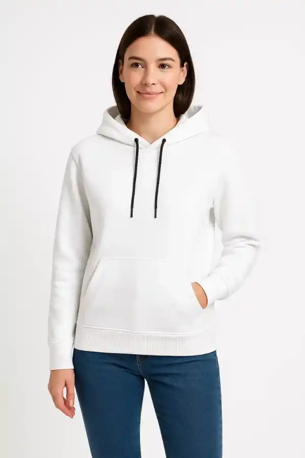 Kadın Kapüşonlu Kanguru Cepli 3 İplik Pamuklu Oversize Hoodie Sweatshirt - Beyaz