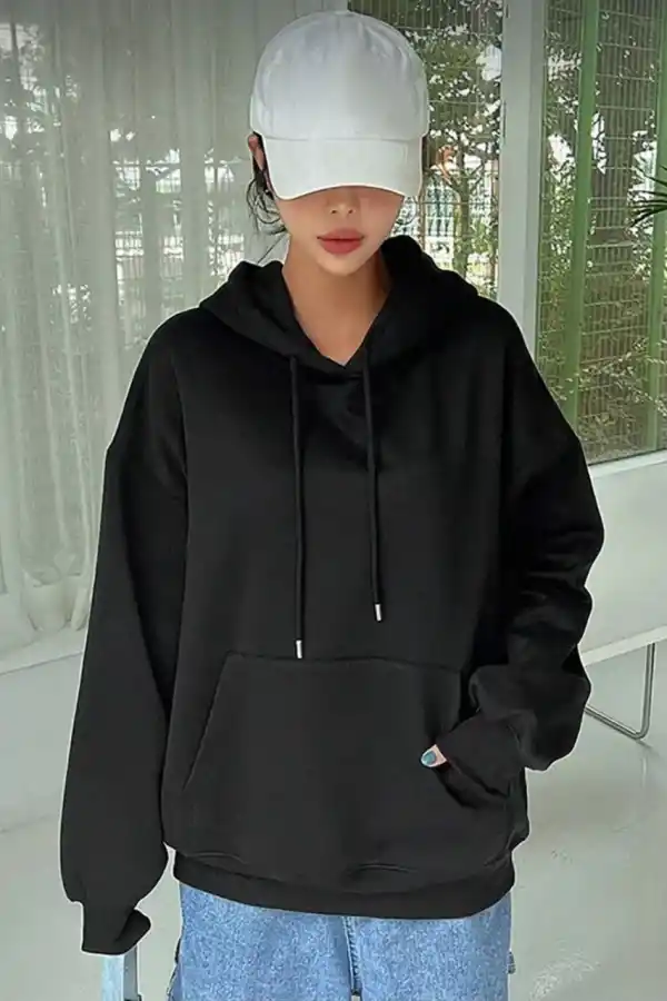 Kadın Kapüşonlu Kanguru Cepli 3 İplik Pamuklu Oversize Hoodie Sweatshirt - Siyah