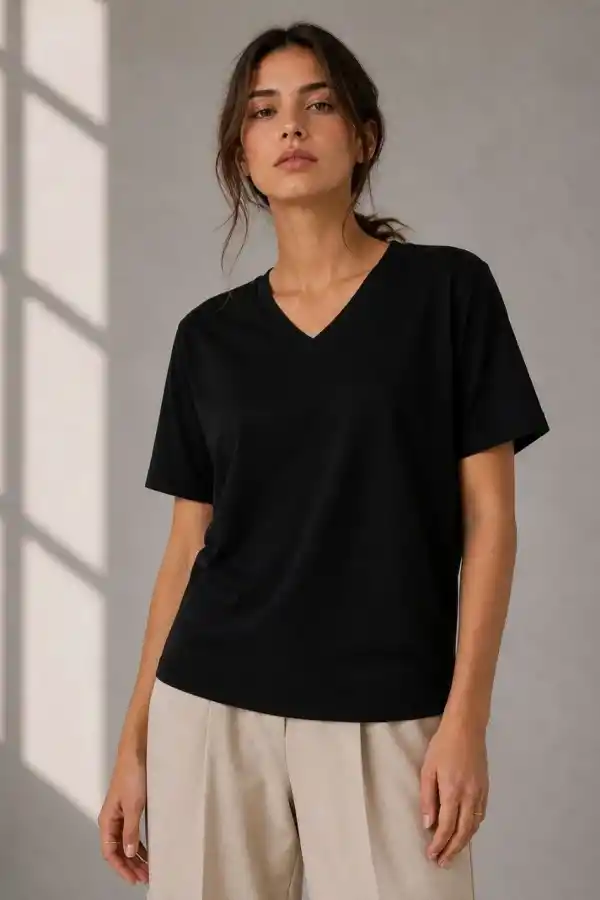 Kadın V Yaka Basic Tişört Kısa Kol Yazlık Regular Fit T-Shirt - Siyah