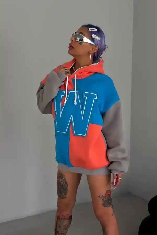 Kadın W Nakış İşlemeli Kapüşonlu 3 iplik pamuklu Parçalı Sweatshirt Hoodie - Mavi