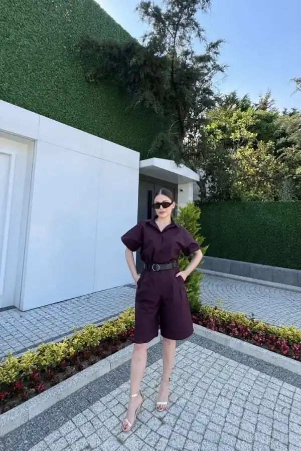 Kadın Yakalı Gömlek Kemerli Şortlu Alt-Üst Takım - Bordo