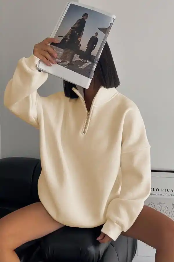 Kadın 3 İplik Pamuklu Oversize Yarım Fermuarlı Yakalı Basic Sweatshirt - Bej