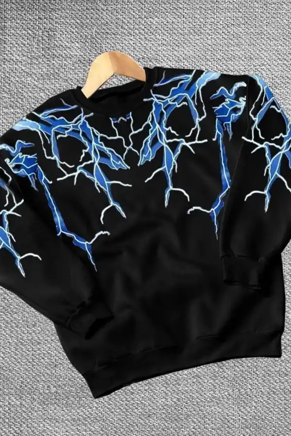 Kadın Yıldırım Baskılı Bisiklet Yaka 3 iplik pamuklu Sweatshirt - Siyah