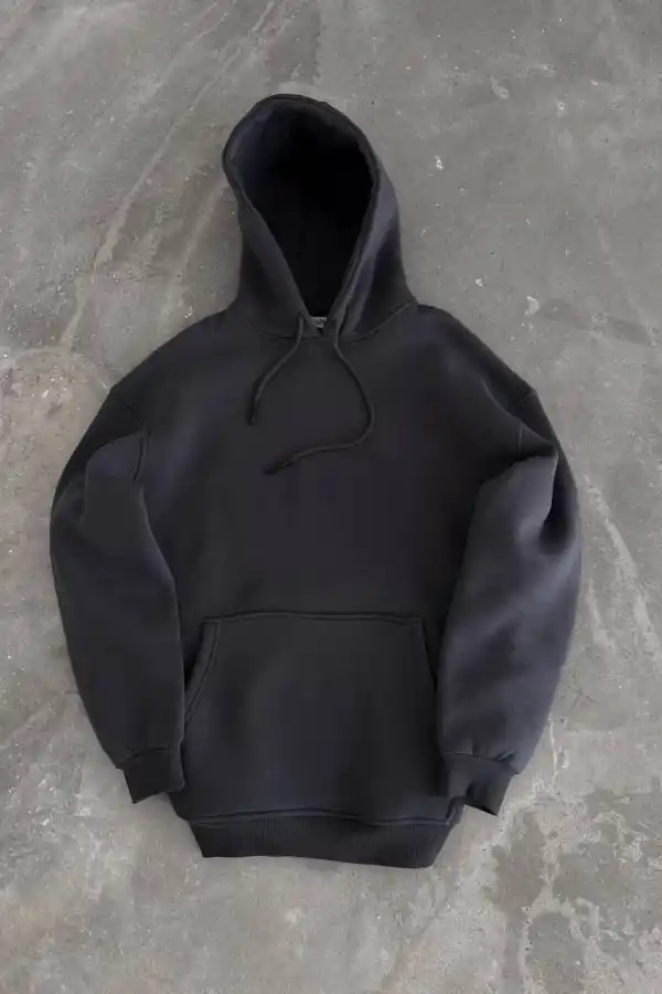 Kadın Kapüşonlu Kanguru Cepli 3 İplik Pamuklu Oversize Hoodie Sweatshirt - Füme