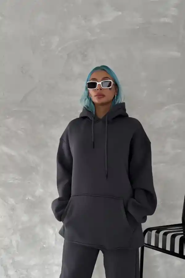 Kadın Kapüşonlu Kanguru Cepli 3 İplik Pamuklu Oversize Hoodie Sweatshirt - Füme