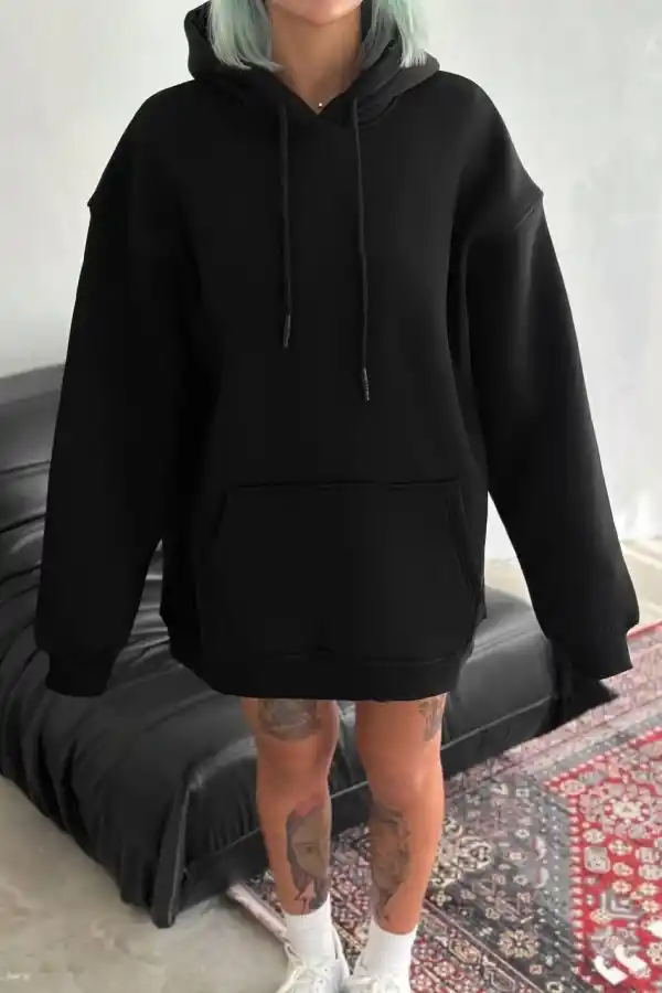 Kadın Kapüşonlu Kanguru Cepli 3 İplik Pamuklu Oversize Hoodie Sweatshirt - Siyah