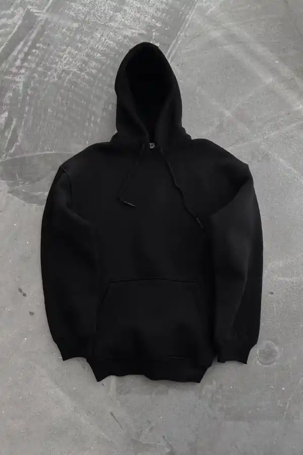 Kadın Kapüşonlu Kanguru Cepli 3 İplik Pamuklu Oversize Hoodie Sweatshirt - Siyah