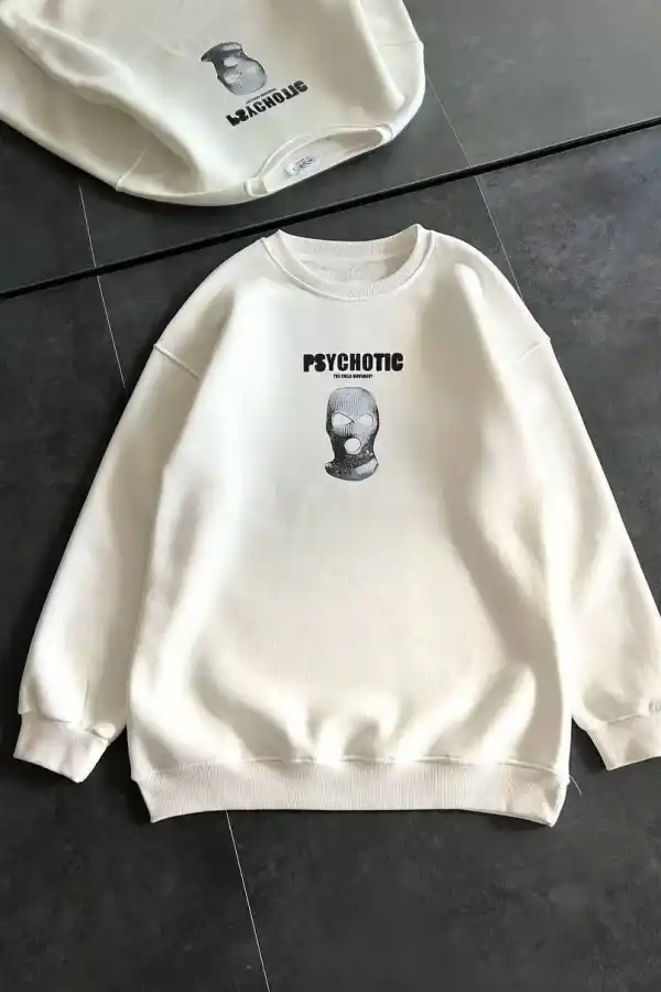Kadın 3 iplik Kışlık Bisiklet Yaka Baskılı SweatShirt - Beyaz