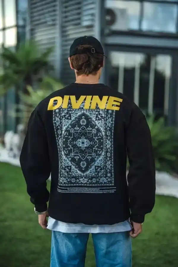 Erkek 3 iplik pamuklu Kışlık Bisiklet Yaka Baskılı SweatShirt - Siyah