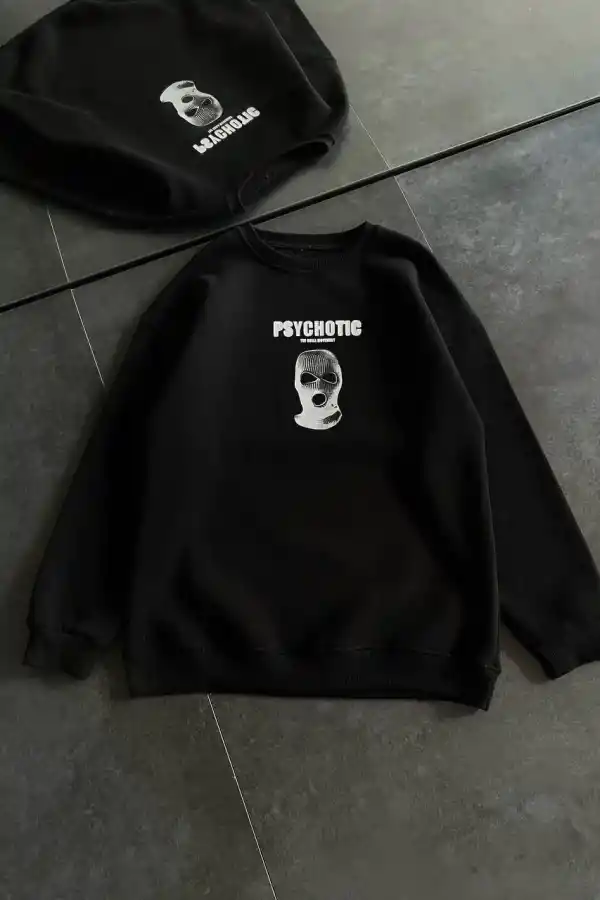 Kadın 3 iplik Kışlık Bisiklet Yaka Baskılı SweatShirt - Siyah
