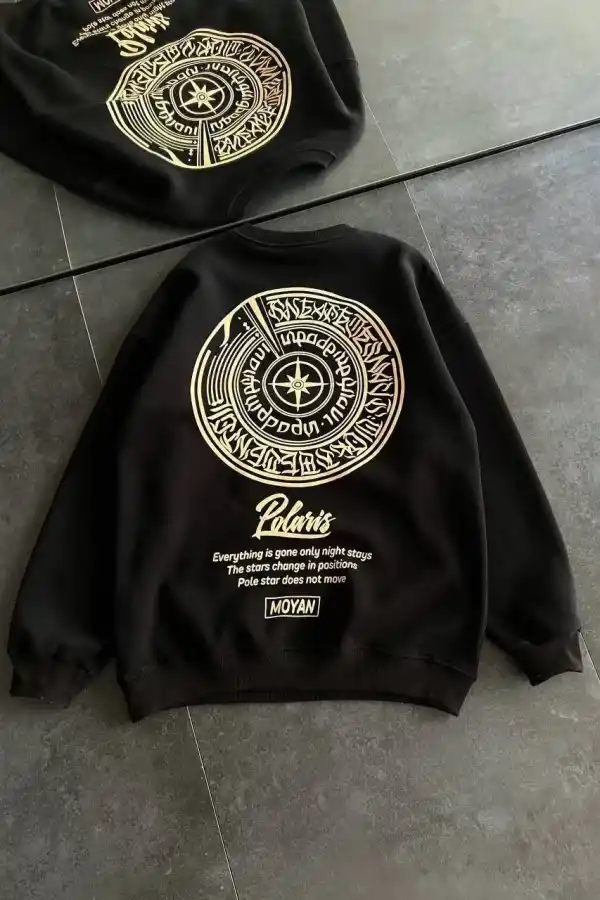 Kadın 3 iplik Pamuklu Bisiklet Yaka Baskılı SweatShirt - Siyah
