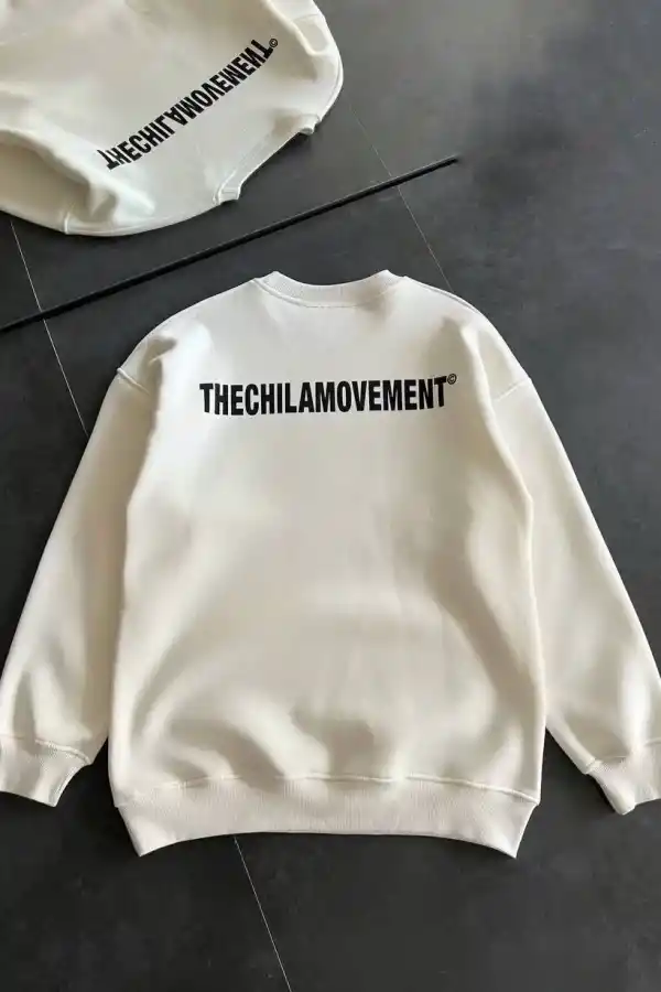 Erkek 3 iplik pamuklu Kışlık Bisiklet Yaka Oversize Baskılı SweatShirt - Beyaz
