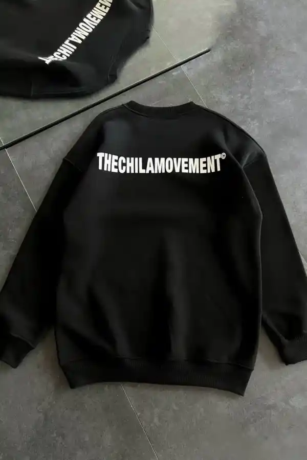 Kadın 3 iplik Kışlık pamuklu Bisiklet Yaka Oversize Baskılı SweatShirt - Siyah