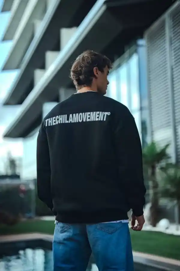 Erkek 3 iplik Pamuklu Bisiklet Yaka Oversize Baskılı SweatShirt - Siyah