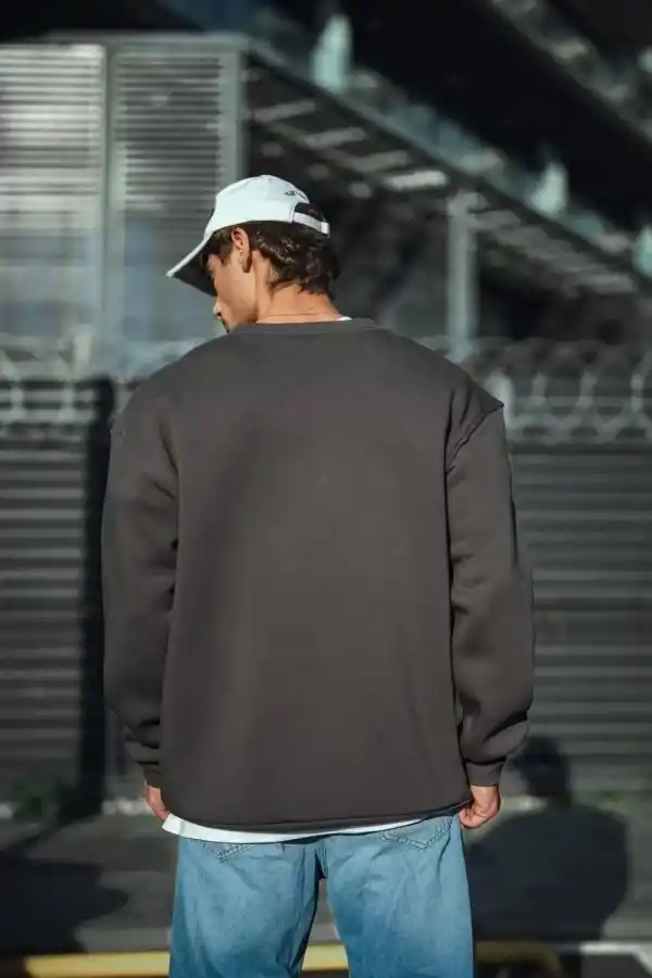 Erkek Bisiklet Yaka 3 iplik Pamuklu Basic SweatShirt  - Antrasit