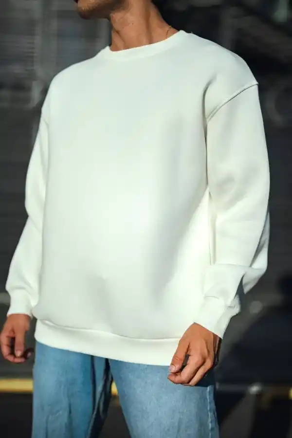 Erkek  Bisiklet Yaka 3 İplik Pamuklu Basic SweatShirt - Beyaz