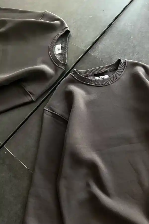 Kadın Bisiklet Yaka 3 İplik Pamuklu Basic SweatShirt - Füme