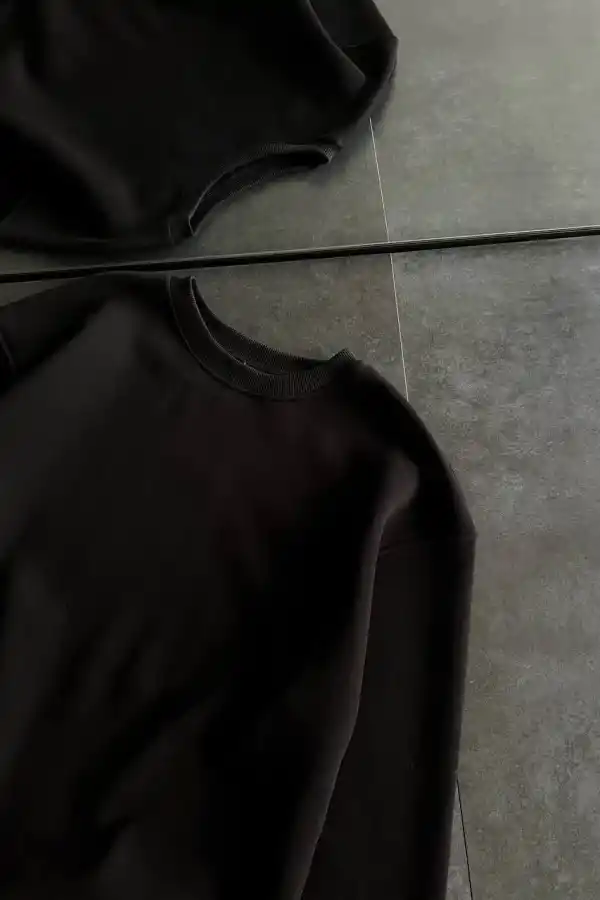 Kadın Bisiklet Yaka 3 İplik Pamuklu Basic SweatShirt - Siyah
