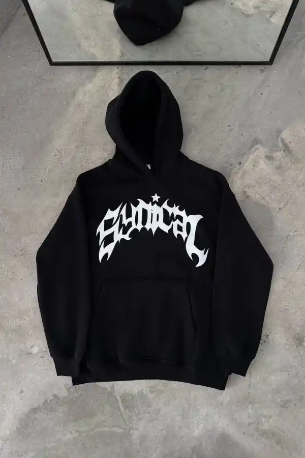 Erkek Kapüşonlu Kanguru Cepli Sweatshirt 3 İplik Pamuklu Baskılı Hoodie - Siyah