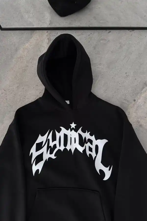 Erkek Kapüşonlu Kanguru Cepli Sweatshirt 3 İplik Pamuklu Baskılı Hoodie - Siyah