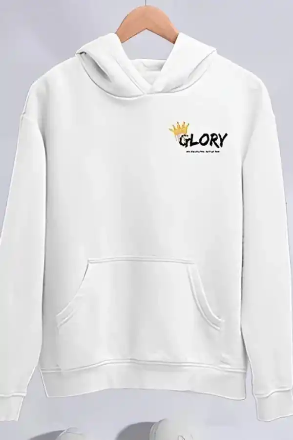 Kadın Oversize Kapüşonlu Kanguru Cepli Baskılı 3 İplik Pamuklu Sweatshirt Hoodie -   Beyaz