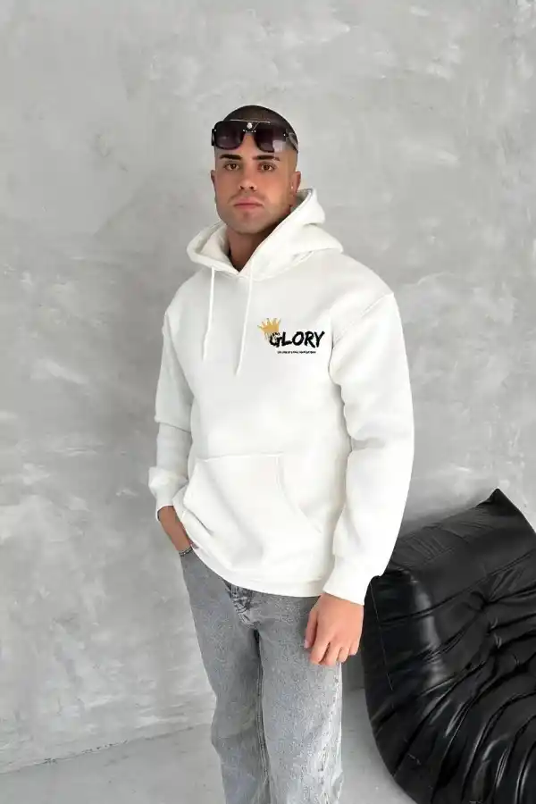 Erkek Kapüşonlu Kanguru Cepli Sweatshirt 3 İplik Pamuklu Baskılı Hoodie - Beyaz