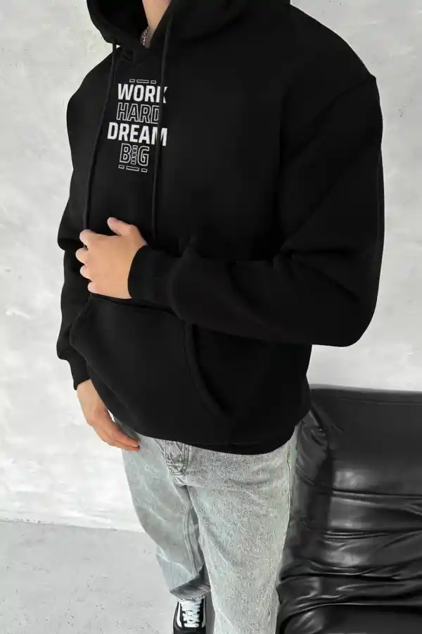 Erkek Kapüşonlu Kanguru Cepli Sweatshirt 3 İplik Pamuklu Baskılı Hoodie - Siyah