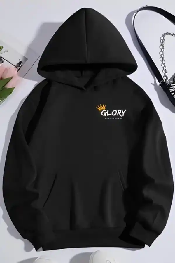 Kadın Oversize Kapüşonlu Kanguru Cepli Baskılı 3 İplik Pamuklu Sweatshirt Hoodie -   Siyah