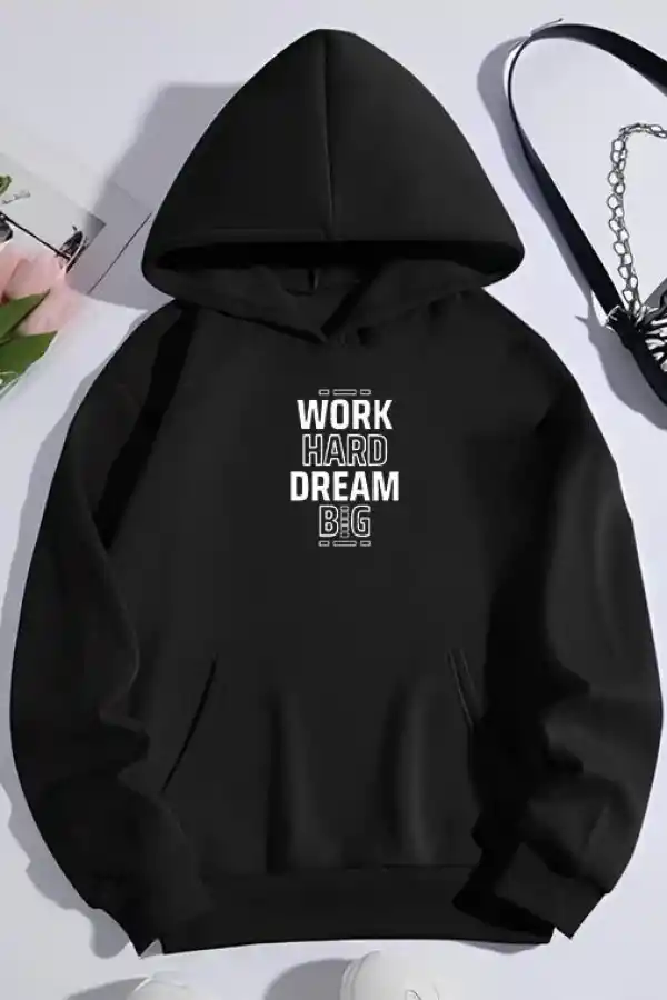 Kadın Oversize Kapüşonlu Cepli Baskılı 3 İplik Pamuklu Hoodie Sweatshirt - Siyah