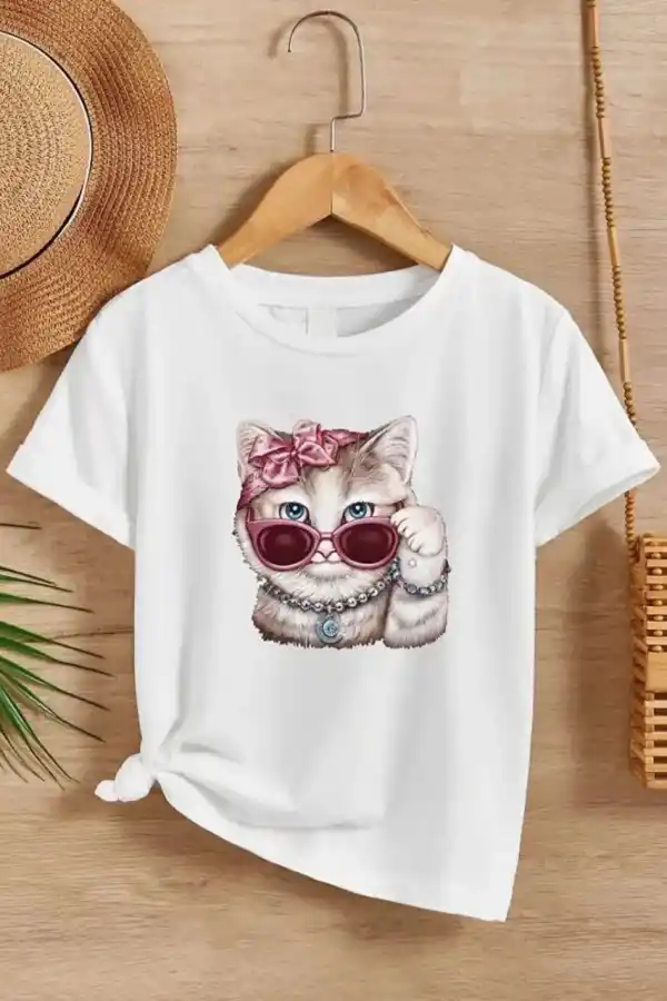 Kız Çocuk Bisiklet Yaka Baskılı T-Shirt - Beyaz