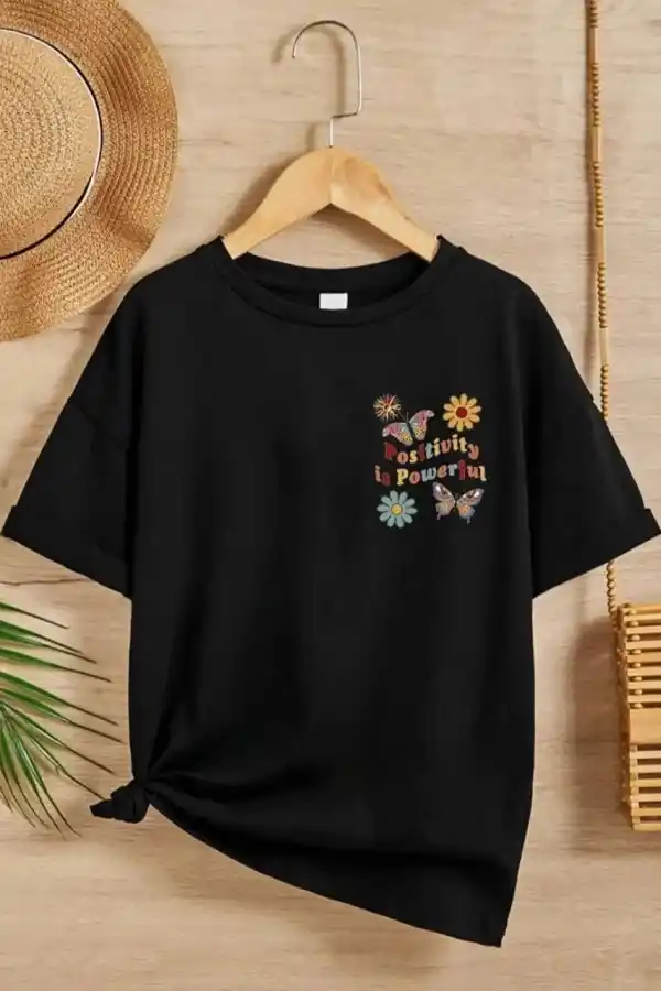 Kız Çocuk Bisiklet Yaka Baskılı T-Shirt - Siyah