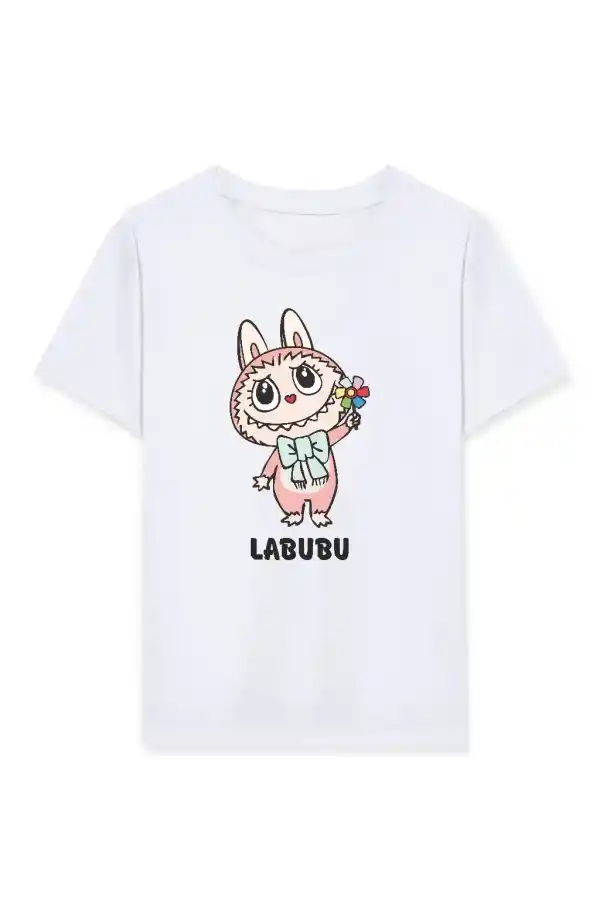 Kız Labubu Çocuk Baskılı T-Shirt - Beyaz