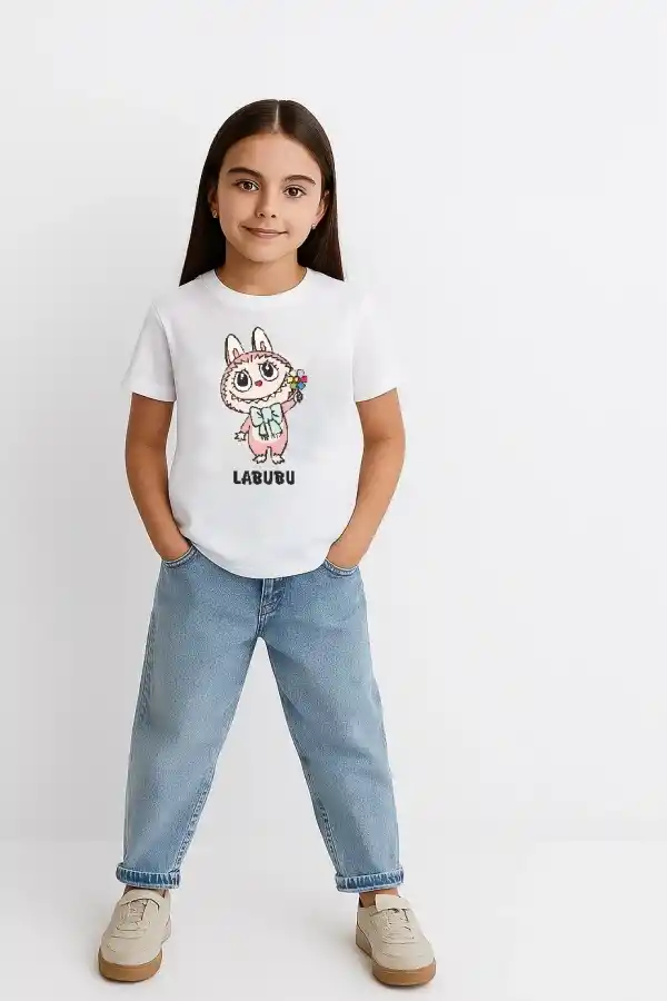 Kız Labubu Çocuk Baskılı T-Shirt - Beyaz