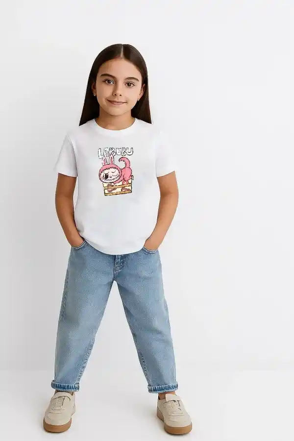 Kız Labubu Çocuk Baskılı T-Shirt - Beyaz