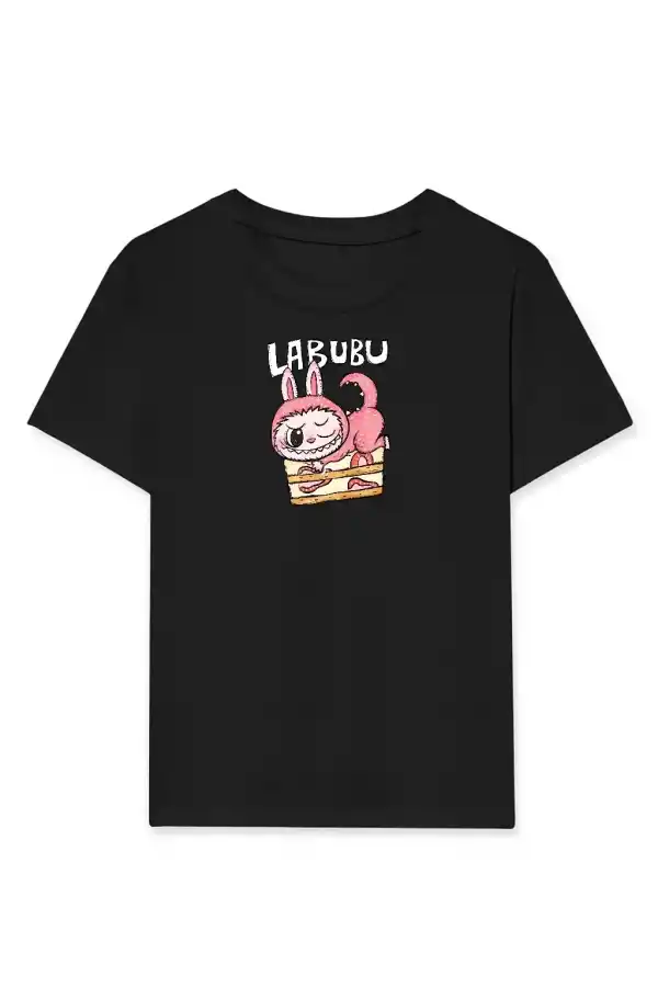 Kız Labubu Çocuk Baskılı T-Shirt - Siyah