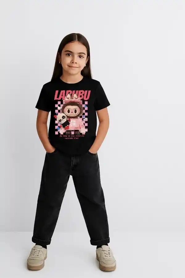 Kız Labubu Çocuk Baskılı T-Shirt - Siyah